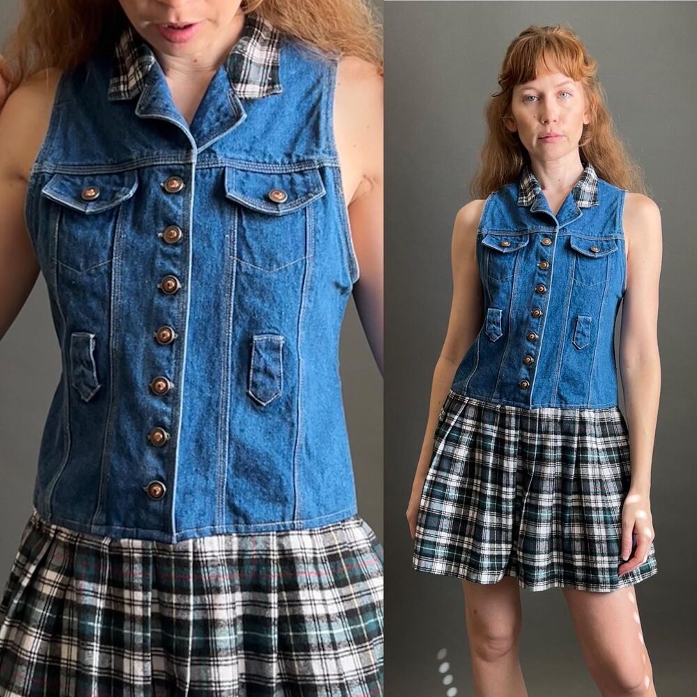 Vintage 1990s Plaid Flannel Pleated Mini Dress, Small